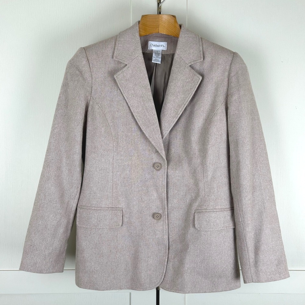 Vintage Blazer Women 14 Wool Rayon Herringbone Two Button Academic Mauve Tan